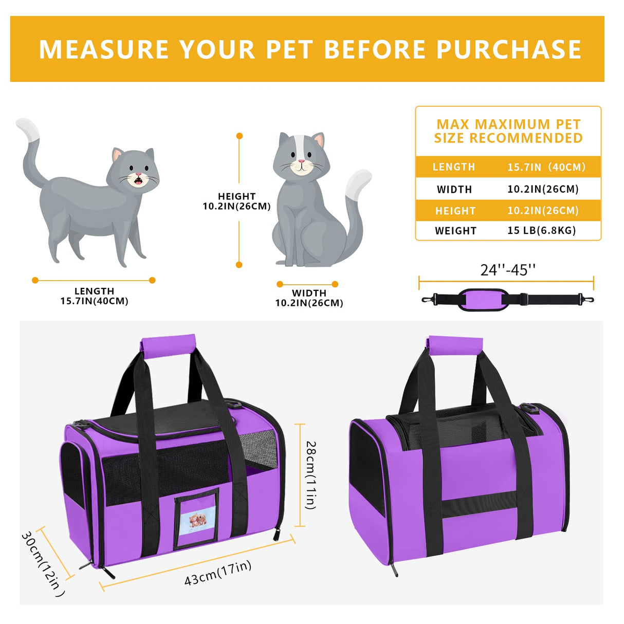 SECLATO Cat Carrier Pet Carriers Airline Approved for Small Dogs Kitten Carrier for Small Medium Animals Under 15lb, Collapsible Soft Sided Travel Carrier, Purple