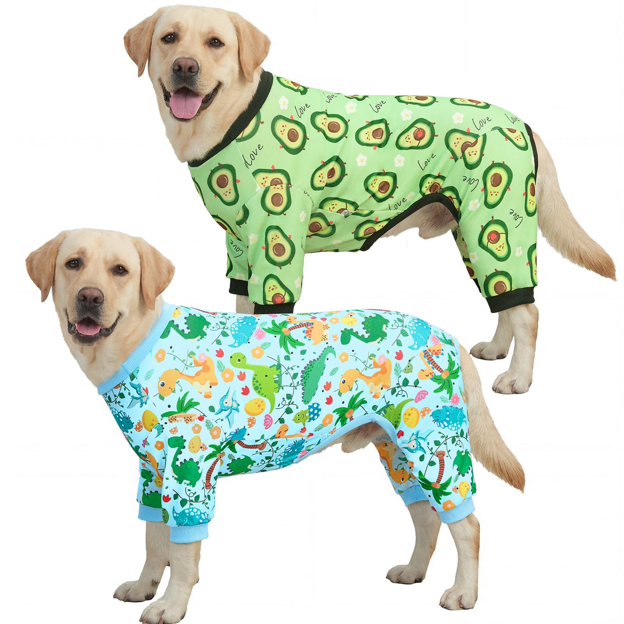 XPUDAC 2 Pack Dog Pajamas for Large Breeds, 4-Way Stretch Soft Dog Onesie Lightweight Warm Pet Clothes Jammies for Large Breeds Dinosaur Avocado Print, 4XL