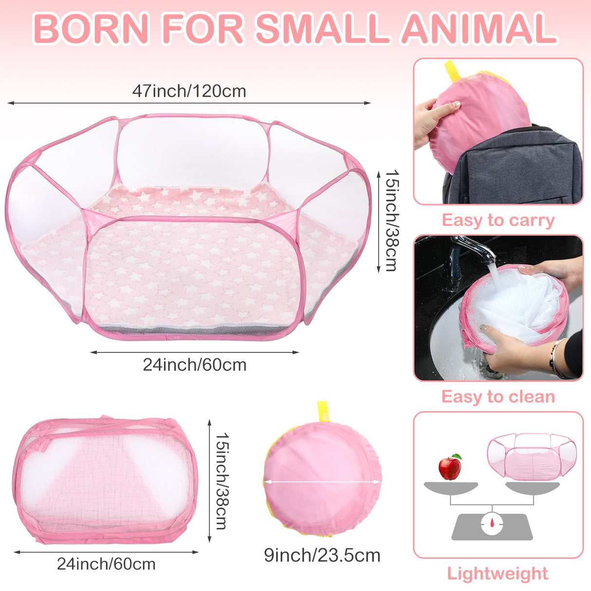 VitalCozy Hamster Playpen with Mat Small Animal Cage Tent Breathable Transparent Guinea Pig Playpen Waterproof Portable Yard Fence Mat Foldable Exercise Playpen Outdoor Indoor (Pink,Star)