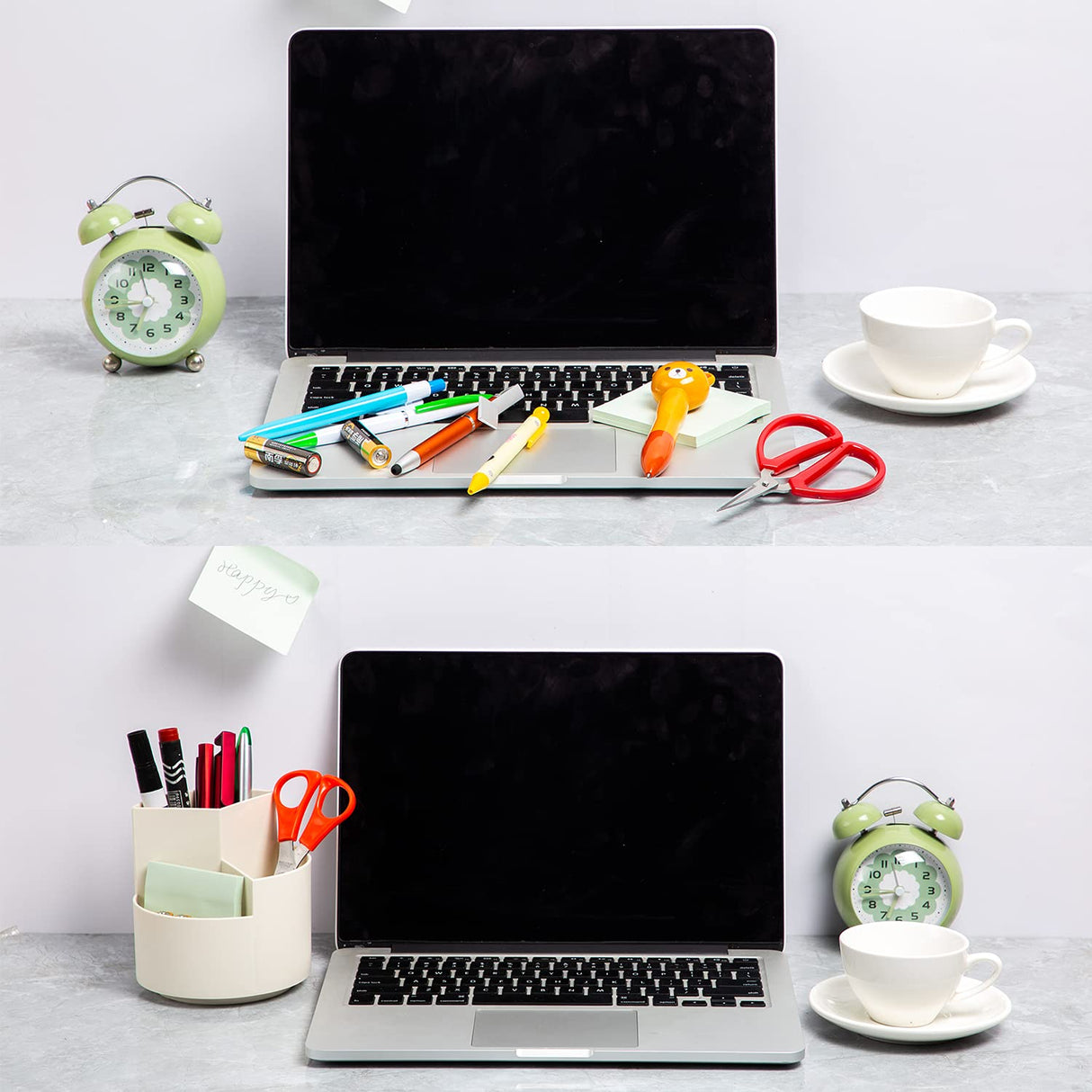 Desk Pencil Pen Holder, 3 Slots 360-Degree Spinning Organizers, Desktop Storage Stationery Supplies, Cute Cup Pot for Office, School, Art Supply, Kids - White