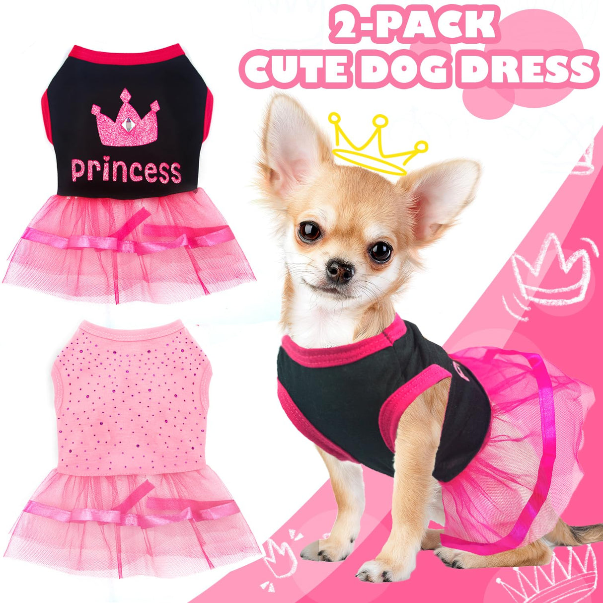 2-Pack Dog Dresses Cute Princess Dog Dress with Rhinestones Mesh Tutu Pet Outfit Puppy Clothes for Small Dog Girls Chihuahua Yorkie,Pink Black,Small