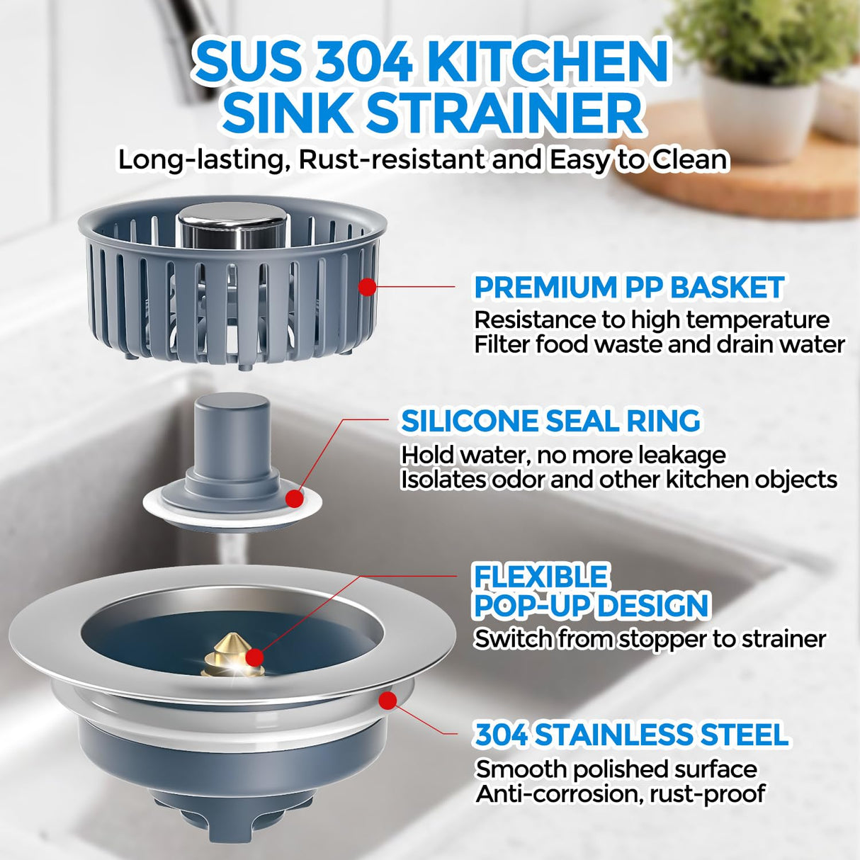 2 Pack Sink Drain Strainer, Sink Stopper, 3 in 1 Stainless Steel Kitchen Sink Drain Strainer with Anti-Clogging Basket, Fit US Standard 3-1/2 Inch Drain Hole