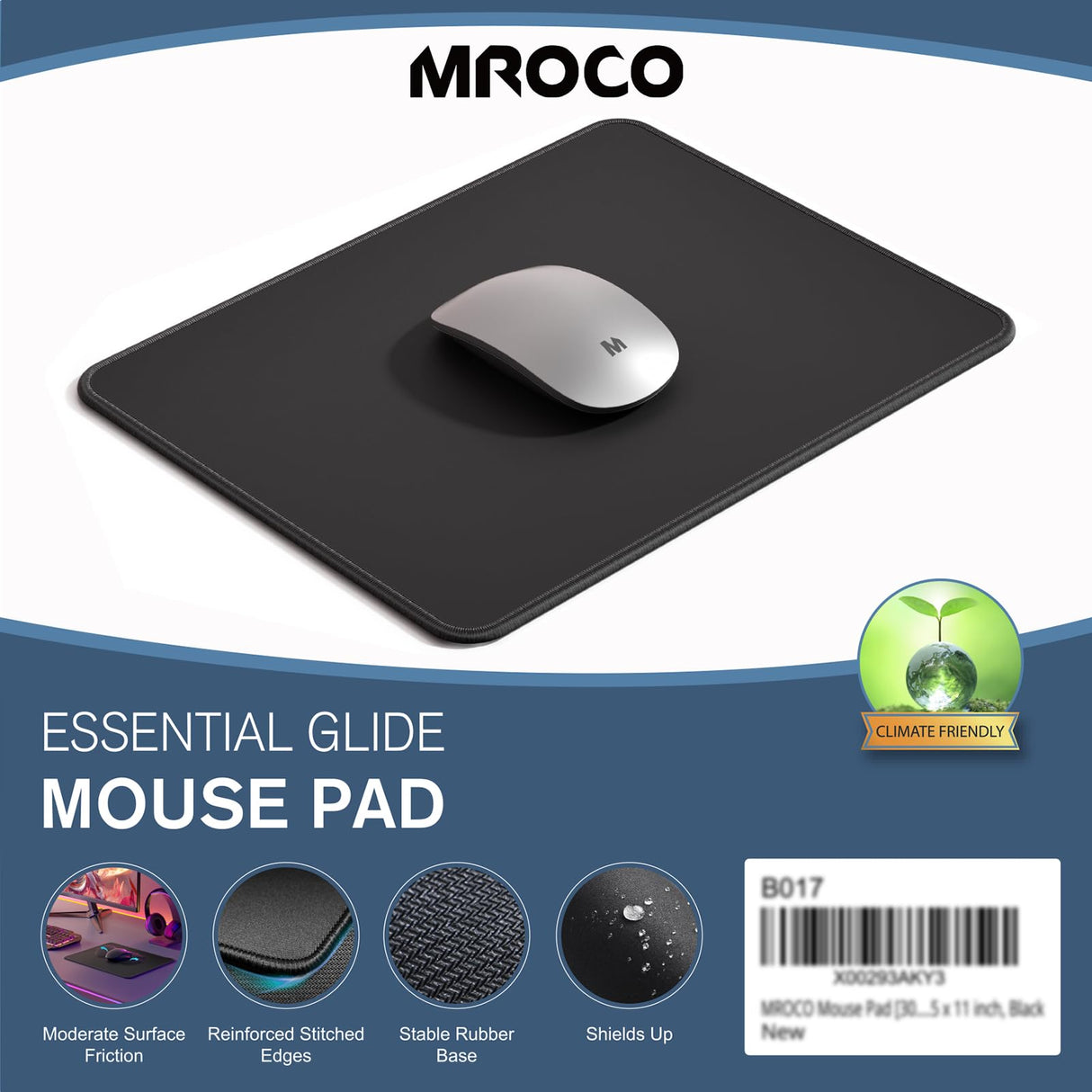 MROCO Essential Office & Gaming Mouse Pad, 30% Larger, 8.5” x 11” in, Black