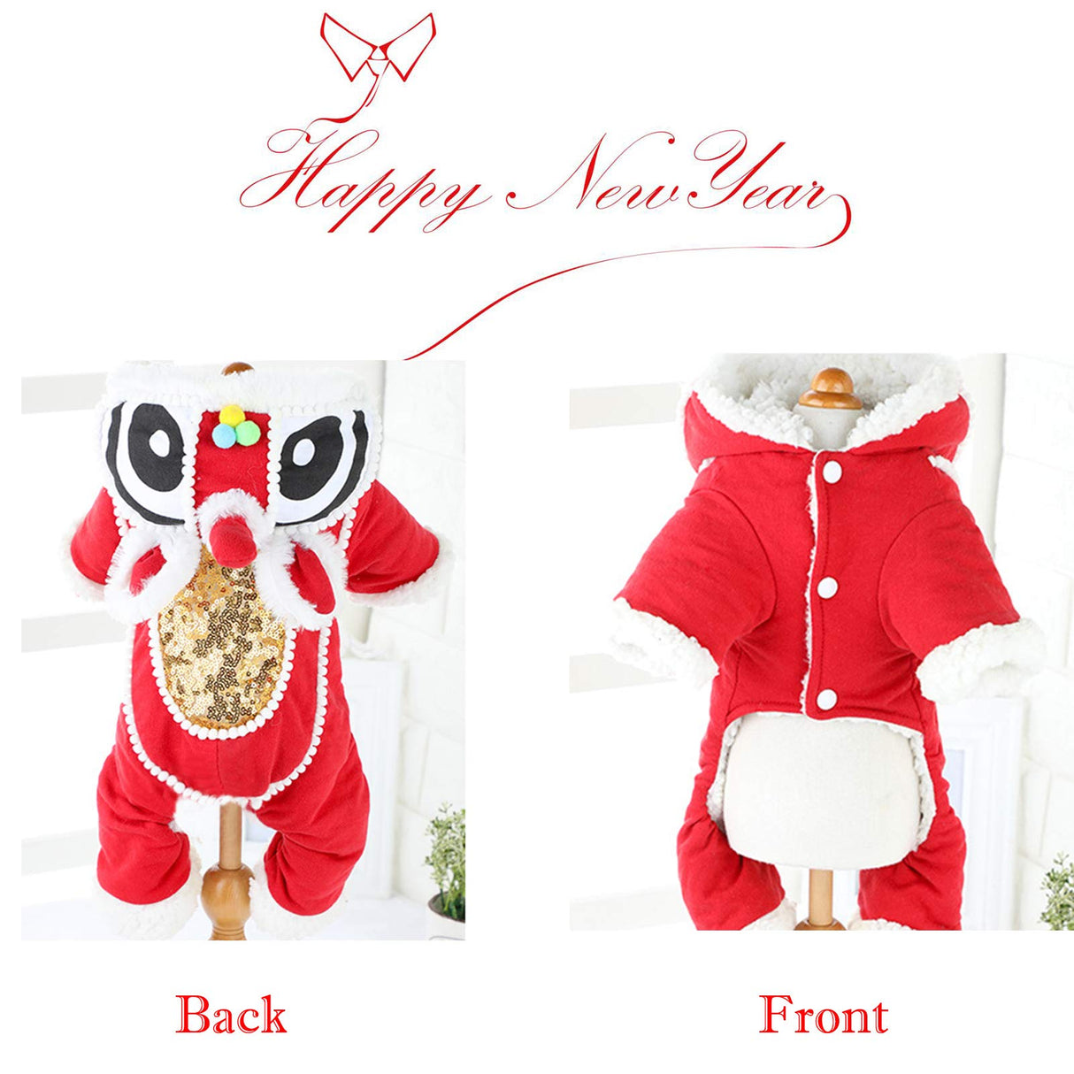 SEIS Lion Dance Dog Four-Legged Costume New Year Pet Clothes Cute Cat Tang Suit Winter Teddy Hoodies for Cats Teddy Bichon Small Medium Dogs (S (Chest Circumference 48cm/ 18.9"))