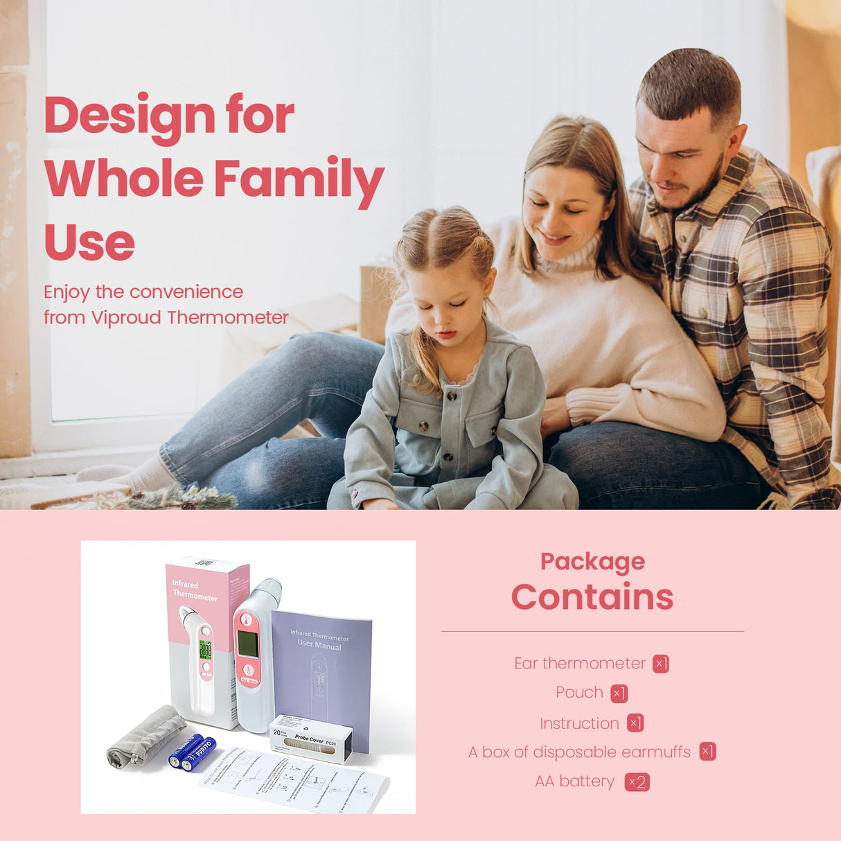 Viproud Ear Thermometer for Kids, Babies and Adults, 1 Second Accurate Digital Thermometer, Mute Function, 3-Color Fever Alert, 3 Age Groups, 30 Memory Recall with 20x Probe Covers (Pink)