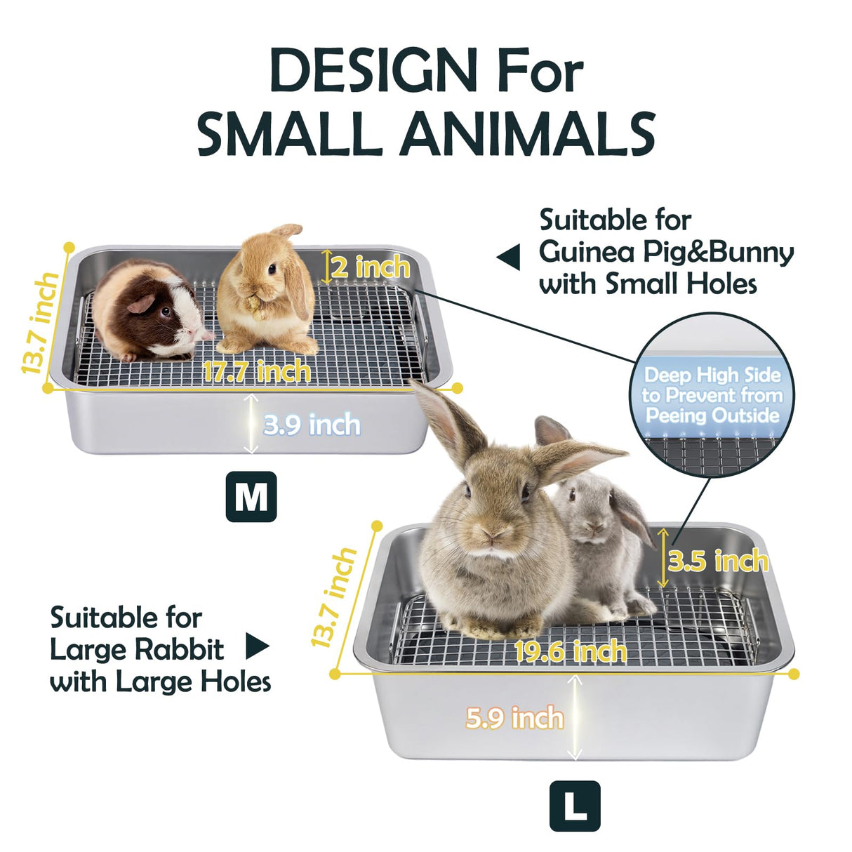 MEEXPAWS Rabbit Litter Box Stainless Steel, Large Bunny Litter Box with Raised Grid and Washable Pee Pad, Metal Litter Pan High Side for Rabbit,Small Animal Toilet Potty Tray Easy Cleaning,Less Stink
