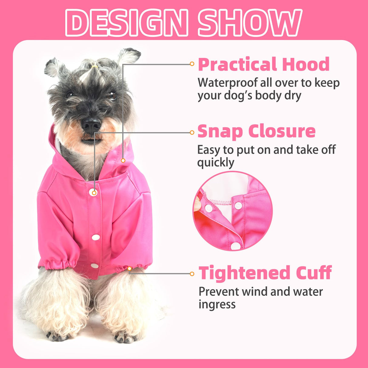 PUPTECK Dog Raincoat with Hood & Harness Built-in, Waterproof Dog Rain Jacket Slicker Poncho Reflective Vest Clothes for Rainy Snowy Winter Cold Days, Fuschia M