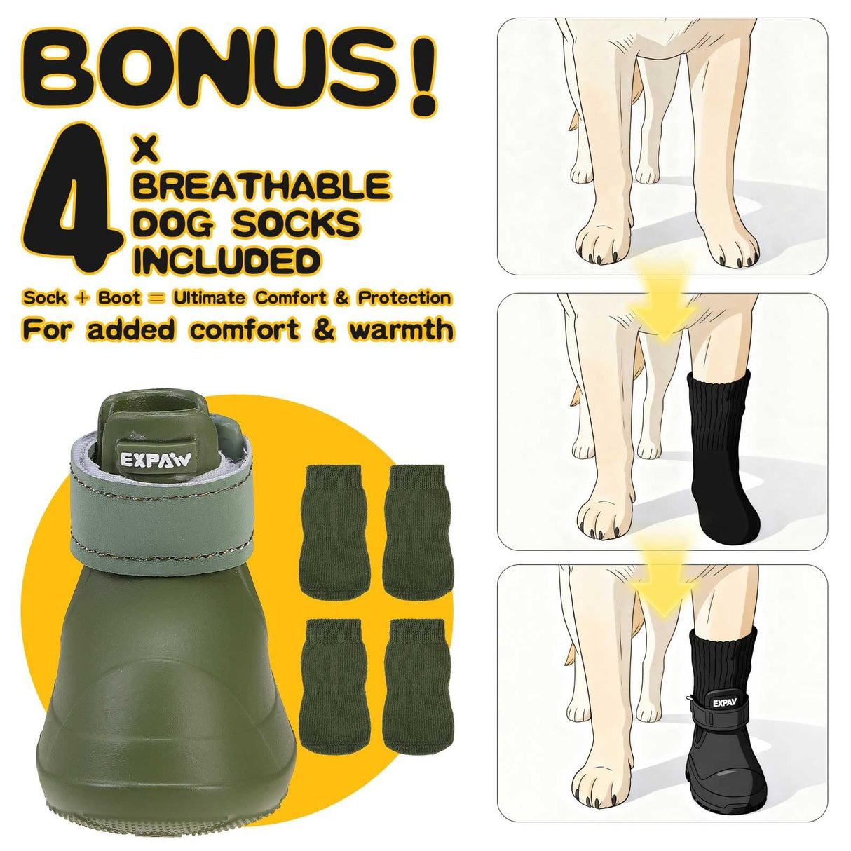 EXPAWLORER Dog Shoes for Small Medium Large Dogs, Waterproof Non-Slip Dog Snow Booties for Winter with Socks, Easy On & Off Pet Boots & Paw Protectors, Easy-Clean for Beach Outdoor Rain (Green S)