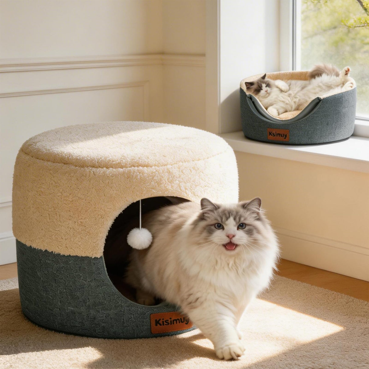 Cat Cave Bed for Indoor Cats, 2-in-1 Convertible Cat House & Lounge with Reversible Plush Cushion – Calming Anti-Anxiety Anti-Slip Pet Bed for Small Dogs & Kittens, Cozy Hideaway Tent, 19.7 inches