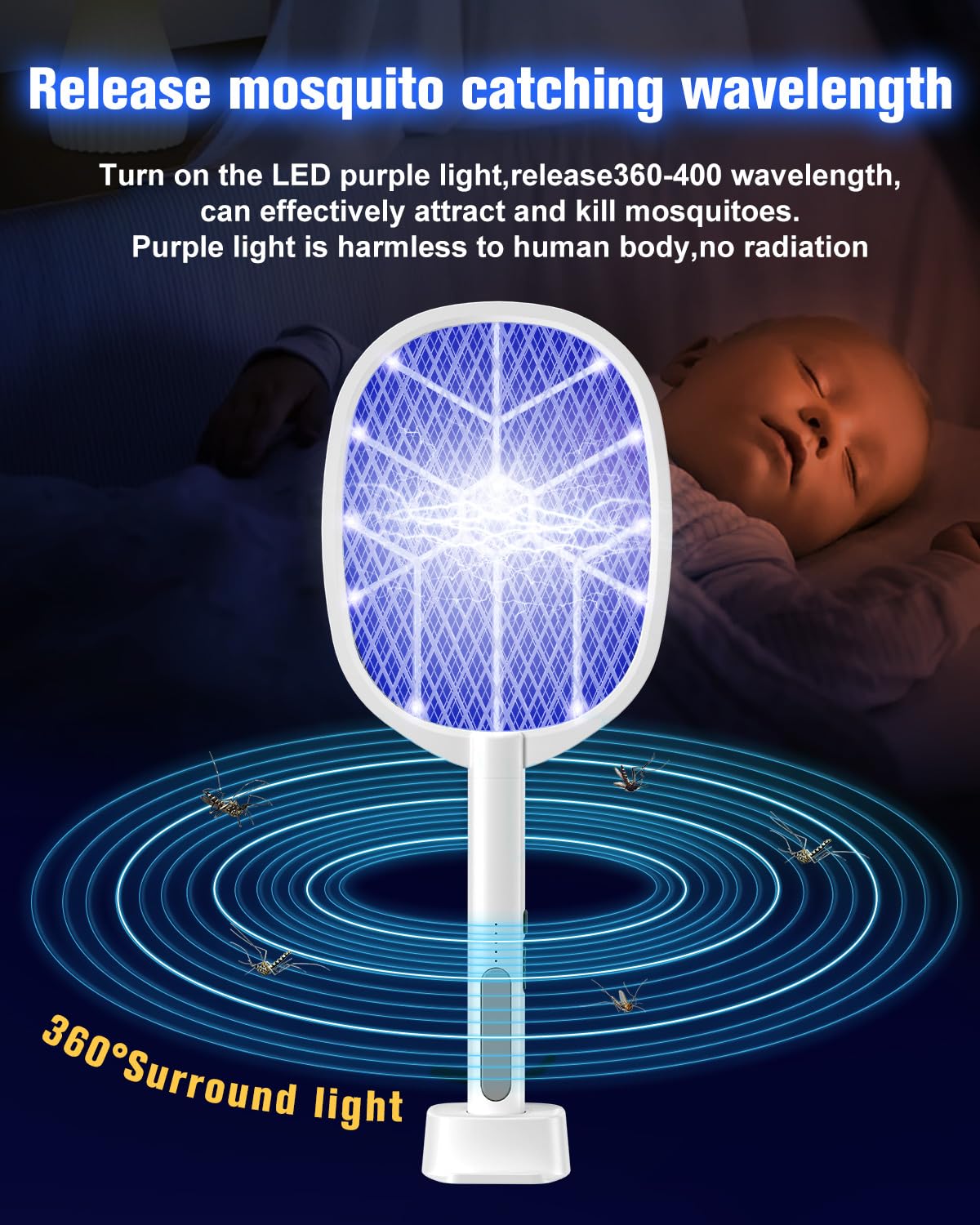 Electric Fly Swatter,4000V Bug Zapper Racket,2 in 1 Mosquito Zapper Racket with 1200ml Battery Rechargeable Purple Mosquito Killer Lamp with 3 Layers of Safety Net Suitable for Indoor and Outdoor