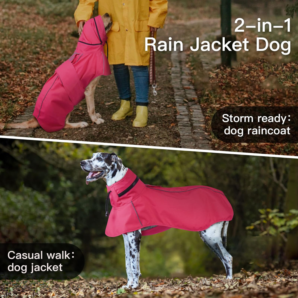 Dog Raincoat Waterproof , Reflective Adjustable Rain Jacket with Leash Hole, Convertible Hood/Collar Rain Coat for Dogs Poncho Breathable Lightweight (Neon Pink, XL)