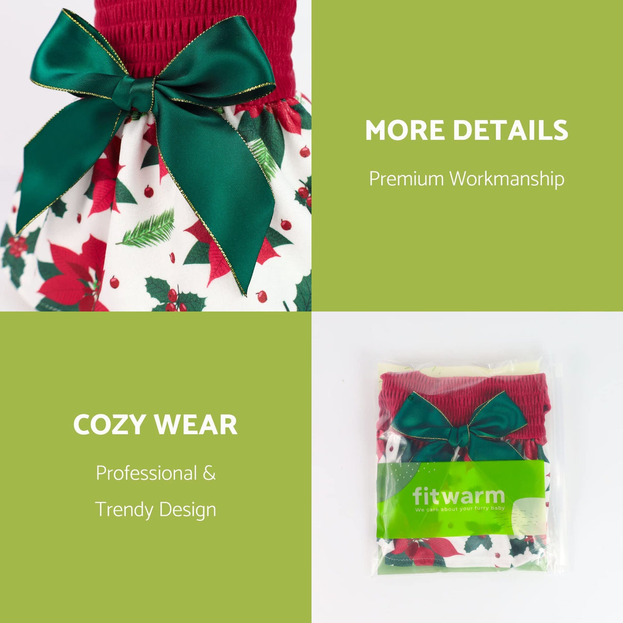 Fitwarm Christmas Poinsettia Flower Dog Turtleneck Dress, Holiday Clothes for Small Dogs Girl, Pet Festive Outfit, Red, White, Small