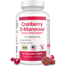 Load image into Gallery viewer, Cranberry D-Mannose Urinary Tract Supplement for Dogs &amp; Cats – Bladder &amp; UTI Health Support – Cranberry Extract, D-Mannose &amp; Vitamin C–Promotes Urinary Wellness &amp; Kidney Function – 60 Chewable Tablets

