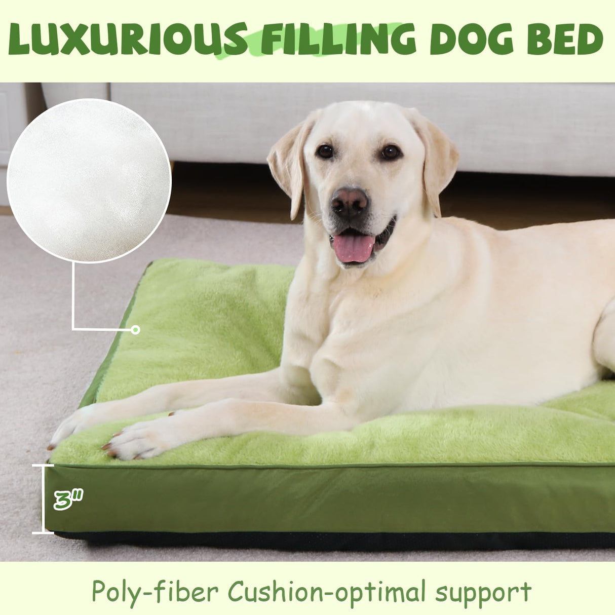 Dog Crate Bed Waterproof Deluxe Plush Dog Beds with Removable Washable Cover Anti-Slip Bottom Pet Sleeping Mattress for Large, Medium, Jumbo, Small Dogs, 35 x 22 inch, Green
