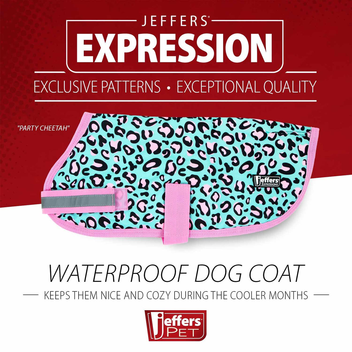 Jeffers Expression Dog Coat Waterproof Ripstop Winter Jacket 16" – 240g Insulated Blanket, Adjustable Belly & Chest Straps, Reflective Strips, Small to Large Breeds, Outdoor & Travel - Party Cheetah