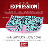 Jeffers Expression Dog Coat Waterproof Ripstop Winter Jacket 16" – 240g Insulated Blanket, Adjustable Belly & Chest Straps, Reflective Strips, Small to Large Breeds, Outdoor & Travel - Party Cheetah