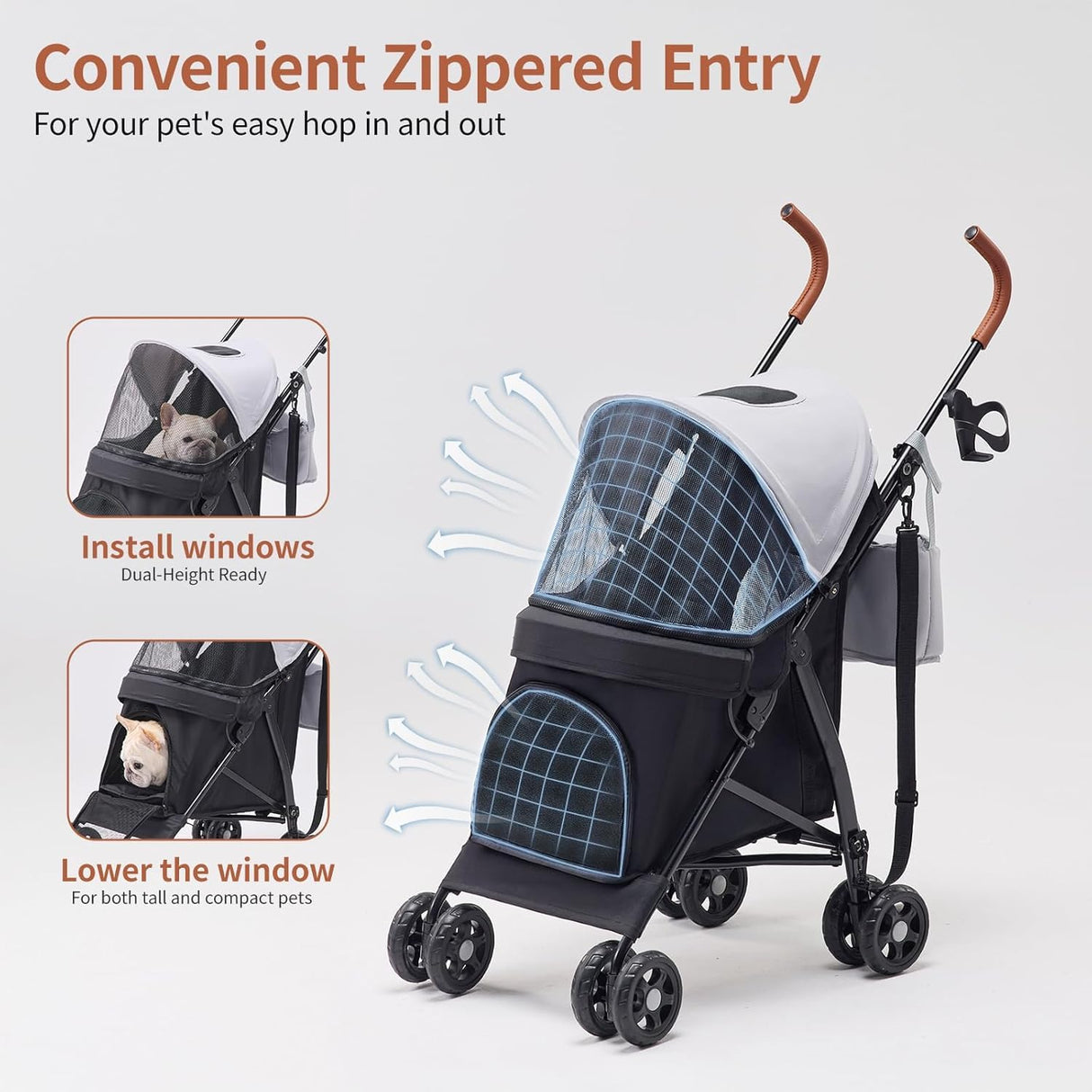TerraPede Lightweight 10 lbs Foldable Pet Stroller for Small Dogs & Cats, Easy-Fold Compact, with Adjustable Sun Canopy, Cup Holder, Breathable Mesh, Pad & Storage Bag, Holds 33 lbs, Dark Black