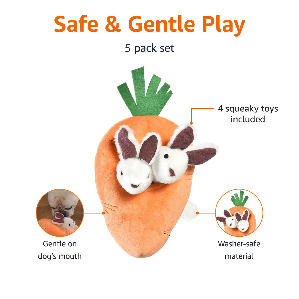 Interactive Hide and Seek Squeaky Dog Plush Toy, Rabbit and Carrot, Orange and White, 5-Pack