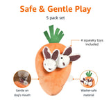 Interactive Hide and Seek Squeaky Dog Plush Toy, Rabbit and Carrot, Orange and White, 5-Pack