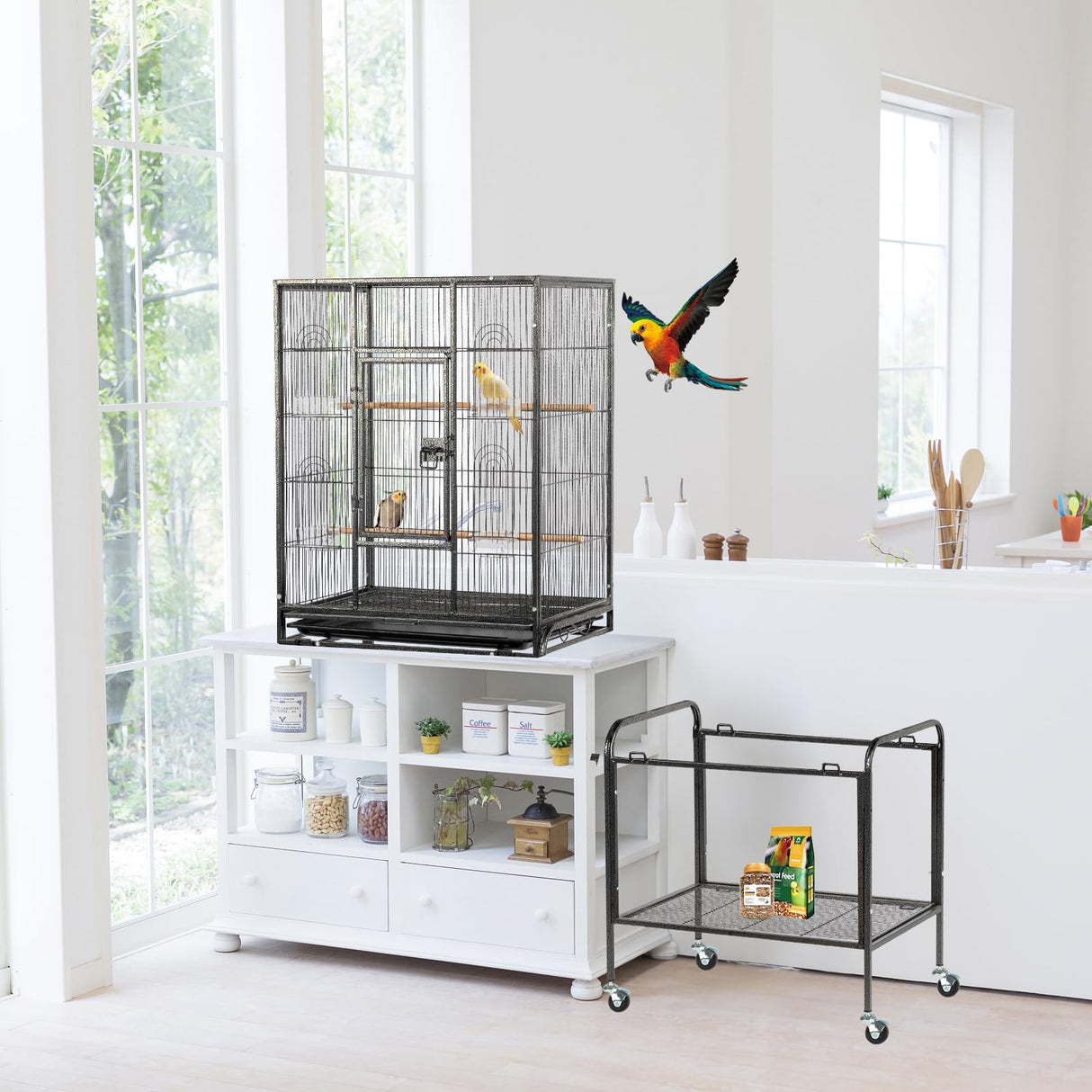 VINGLI Bird Cage with Wheels, Durable Wrought Iron Parakeet Cage with Slide Out Tray, Black Bird Cages for Parakeets/Lovebird/Cockatiels/Budgies and Other Small/Medium Birds (Large-53 inch)