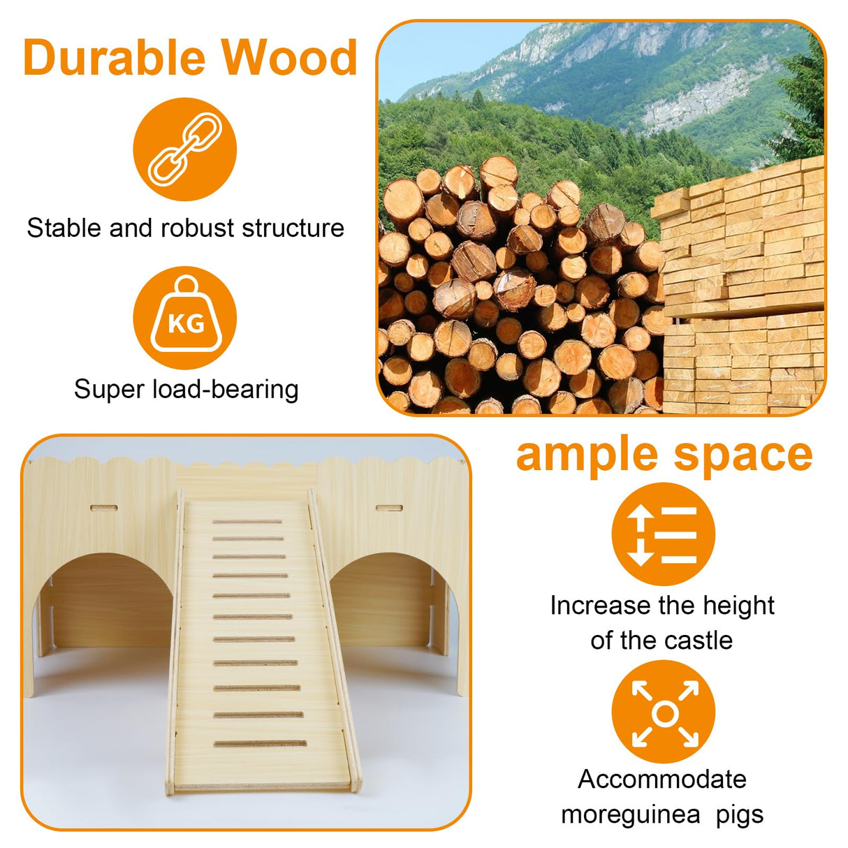 Large Guinea Pig Hideout, Upgraded Wooden Guinea Pig Castle with Guinea Pig ramp, Easy to Assemble Guinea Pig House for Small Animal House Habitat or Hamster Hideout/Rabbit Hideout