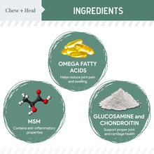 Load image into Gallery viewer, Chew + Heal Labs Glucosamine for Dogs Hip and Joint Supplement - 60 Senior Dogs Mobility Soft Chews - Made with Glucosamine, MSM, Chondroitin, Green Lipped Mussels and More - Made in The USA
