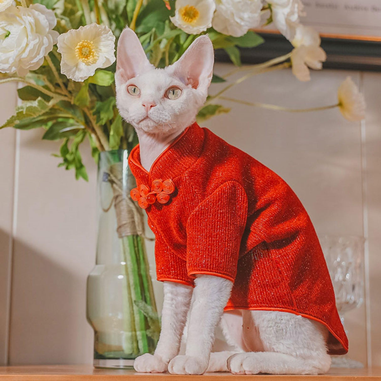 Traditional Culture Sphynx Hairless Cat Cotton T-Shirts Cat Clothes Pet Sweater Cat Vest Pet Clothes Kitten Shirts Cats & Small Dogs Apparel (Red Chi-Pao, XL (9-13 lbs))