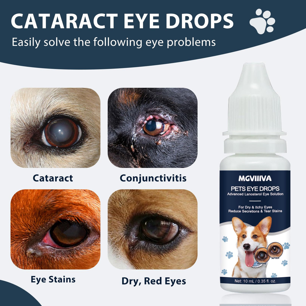 Cataract Drops for Dogs, Dog Eye Drops for Relieving Itching & Irritation, Vet Recommend Eye Drops for Dogs Eye Infection Treatment, Long-Lasting Relief for Dryness Pink Eyes Vision Clarity (2 X10ml)