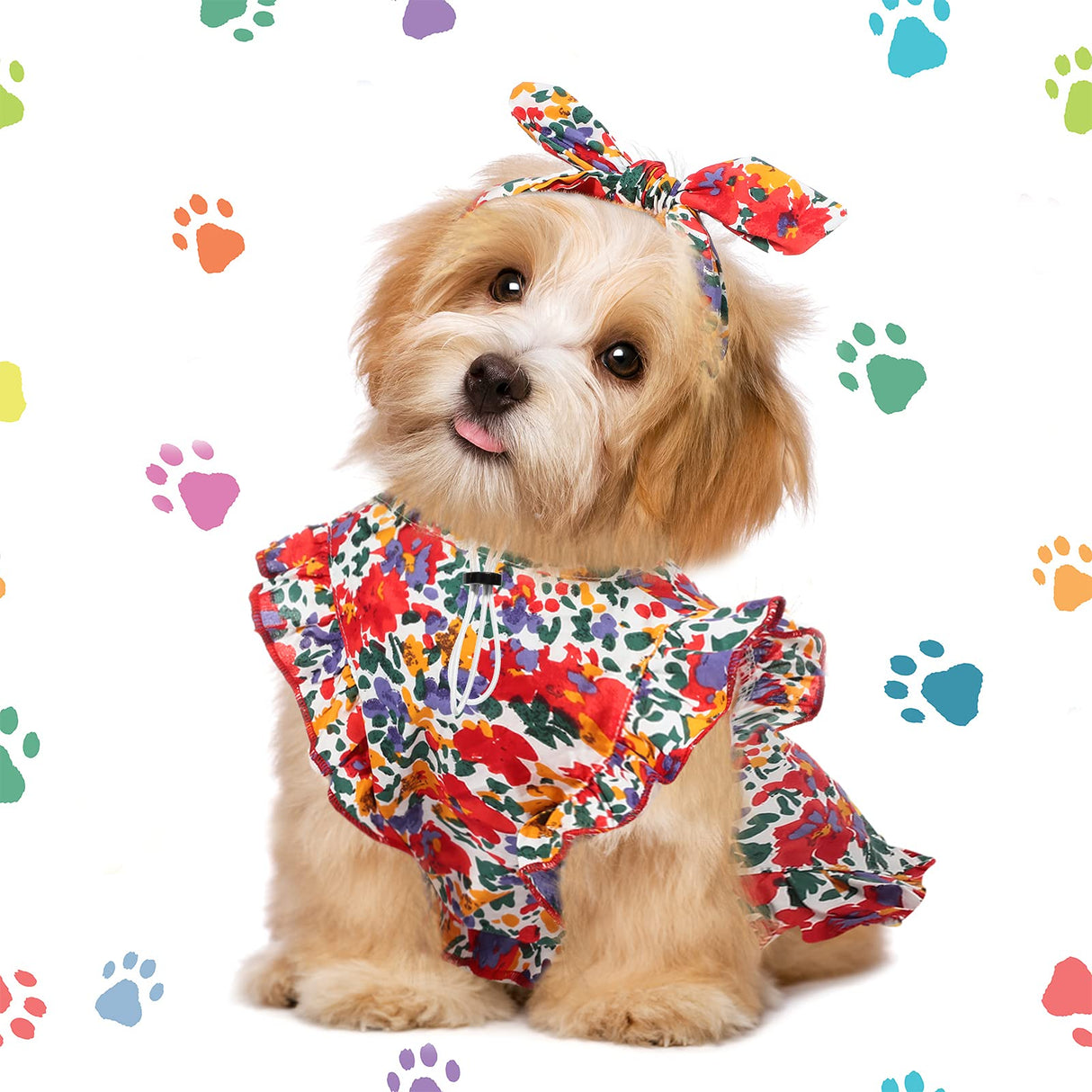 Frienda 2 Pcs Dog Dress Princess Floral Summer Puppy Dress with Bows Headband for Dog Cat Birthday Party Holiday Hawaiian Mermaid, Red and Yellow(L)