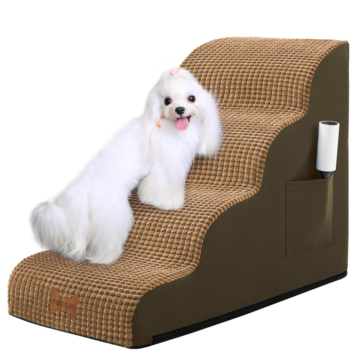 Dog Stairs for Small Dogs, Wide Pet Step with Removable Cover, No Assembly High Density Foam Cat Ramp for Bed or Sofa, 4-Step, Light Brown