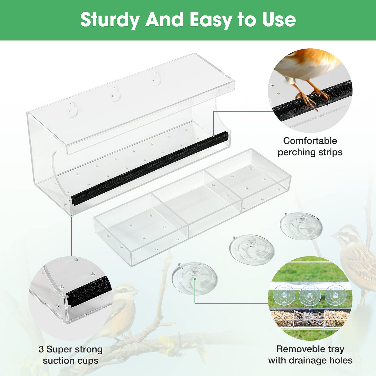Jarkyfine Window Bird Feeder for Viewing - Window Bird Feeders with Strong Suction Cups - Outdoor Bird Feeder Window Viewing Box, Gifts for Cats Elderly, Detachable Tray, Easy to Clean