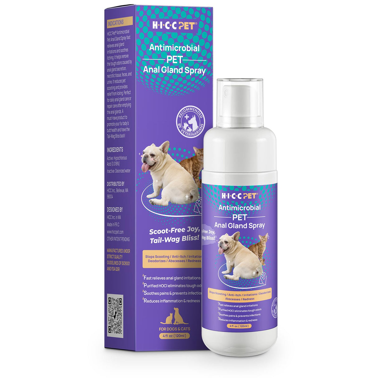 HICC PET Anal Gland Spray 4 oz, Hot Spot Spray Treatment for Dogs & Cats, Dog Anti Itch Spray, Soothing Inflamed Elimination Odor, Vet Recommended for Anal Gland Support