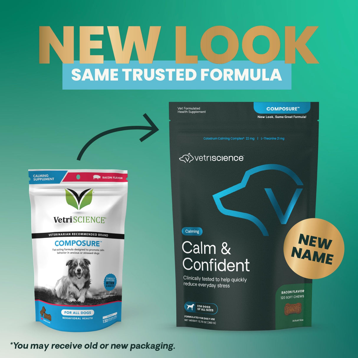 VetriScience Calm & Confident Chews, Composure Clinically Tested Calming and Anxiety Supplement for Dogs, Reduce Stress and Fear, Ideal for Thunderstorms, Fireworks and Travel, Bacon, 120 Count