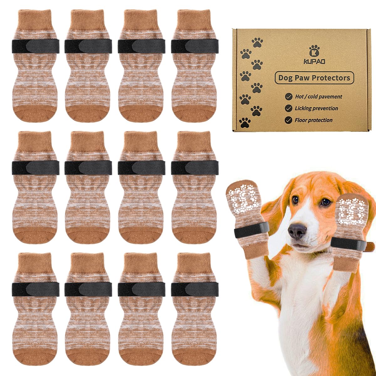 KUPAO Dog Socks 12 Pack to Prevent Licking Paws, Anti Slip Dog Booties and Paw Protectors for Hardwood Floors Hot Pavement, Suitable for Small Medium Large Senior Dogs - Size Large,Brown
