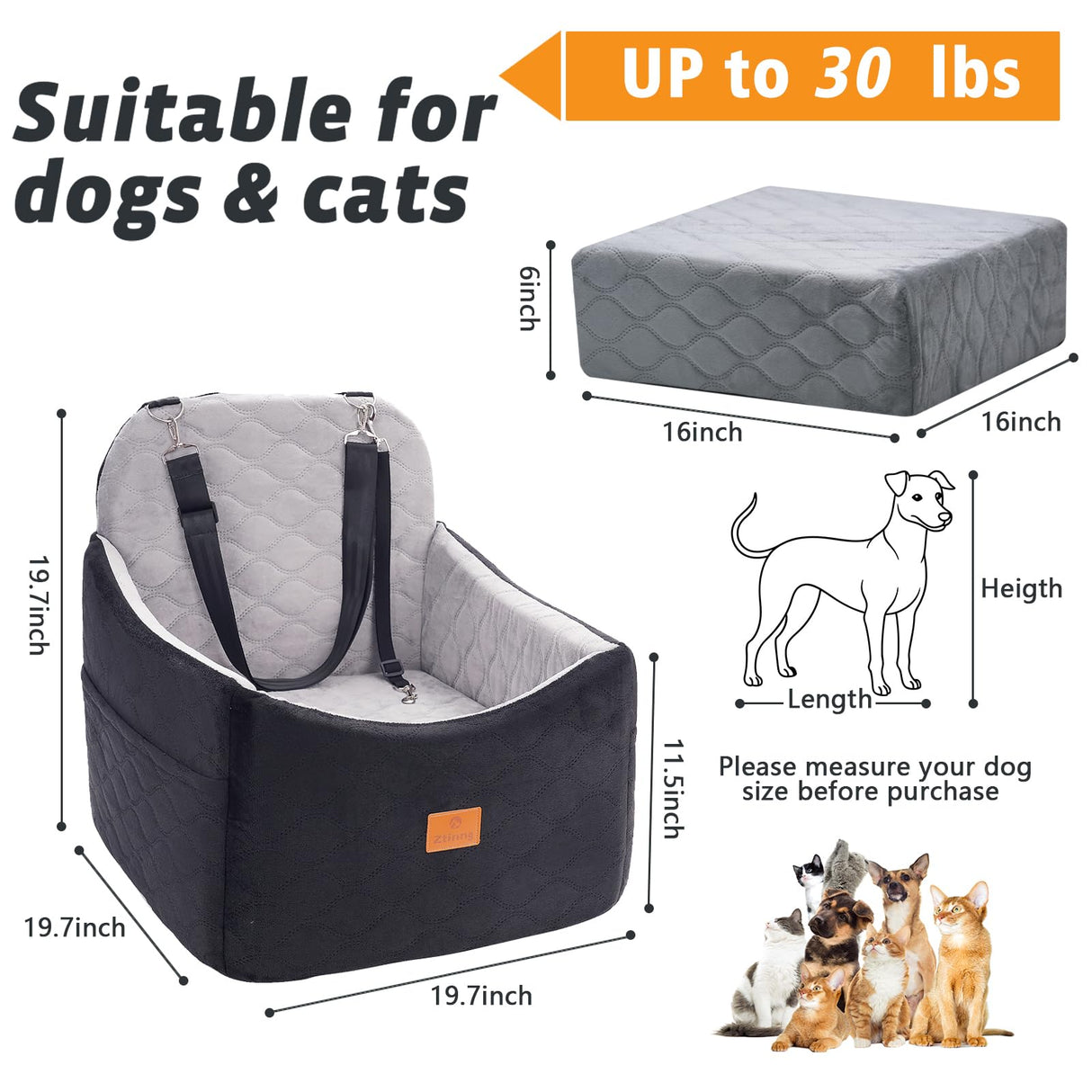 Ztinng Dog Car Seat for Small/Medium Dogs/Cats up to 30 lbs Memory Foam Pet Booster Seat with Detachable Washable Cover Travel-Safe Car Bed with Safety Belt/Storage Pockets Easy to Install