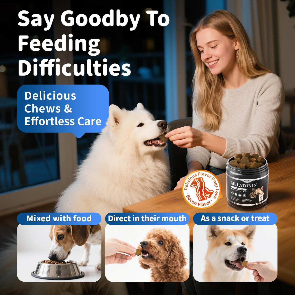 POPPAW Dog Melatonin Calming Chews for Nighttime Sleep, Natural Relaxation & Stress Support for Dogs & Puppies Calming Treats, Barking, Separation, Anxiety, Fireworks, Upgraded Bacon Flavor, 90Ct