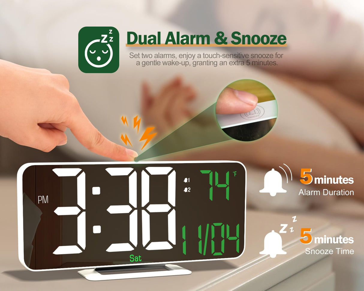 Neasroe Digital Alarm Clock, 6.7" Mirror Clocks Large Numbers LED Display for Bedrooms - Auto Dimmer, Time and Date, Room Temperature, Snooze, 12/24 Hour for Teens, Elderly, USB Powered(White)