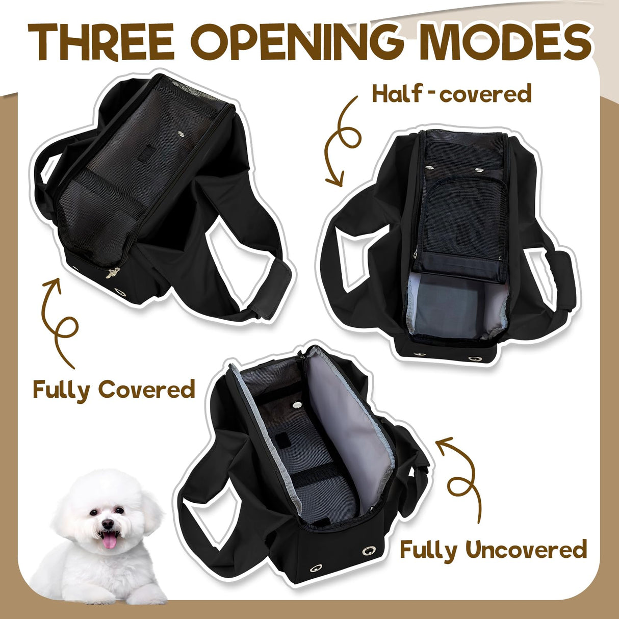VeluXanipyr Dog Purse Carrier, Small Dog Cat Puppy Outdoor Portable Bag, Foldable Breathable 3‑Speed Zipper Access Pet Travel Bag with Large-Capacity Pockets, 15 lbs Capacity,Black