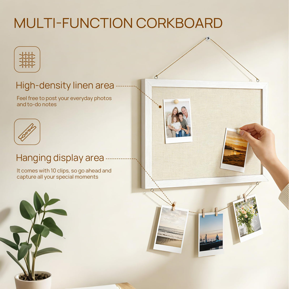 DOLLAR BOSS Bulletin Boards with Linen 1-Pack 16''X 12'' Double-Sided Cork Board for Walls Wood Framed Bulletin Boards, Small Pin Board for Home Kitchen Office Decorative Hanging 10 Pushpins