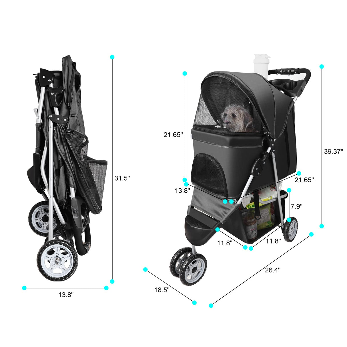 Pet Strollers for Small Medium Dogs & Cats, 3-Wheel Dog Stroller Folding Flexible Easy to Carry for Jogger Jogging Walking Travel with Sun Shade Cup Holder Mesh Window (Black)