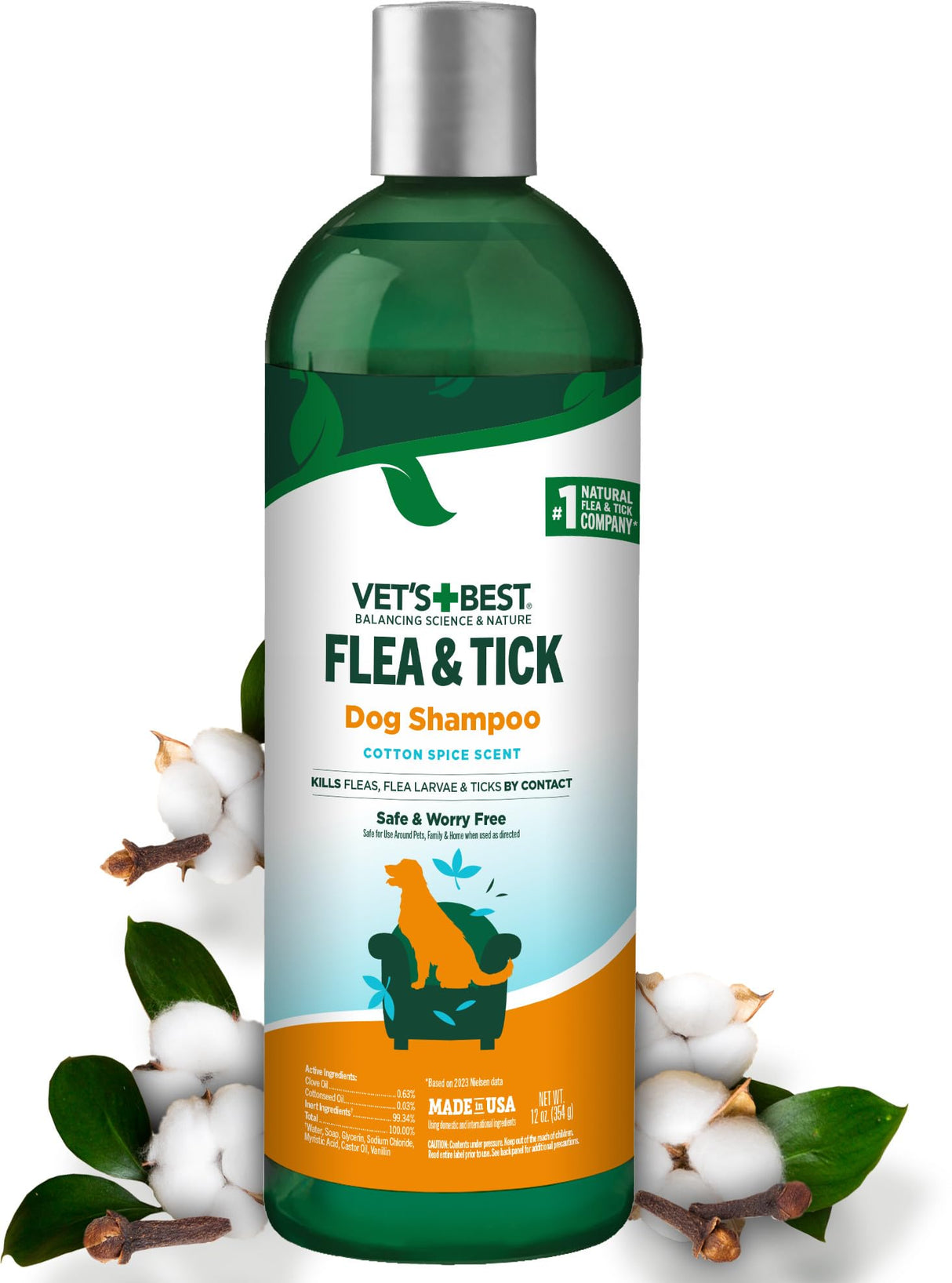 Vet's Best Natural Flea & Tick Dog Shampoo – Plant-Based Formula with Cotton Spice Scent – Natural Dog Shampoo with Essential Oils for Flea and Tick Support – Made in USA – 12 oz Bottle