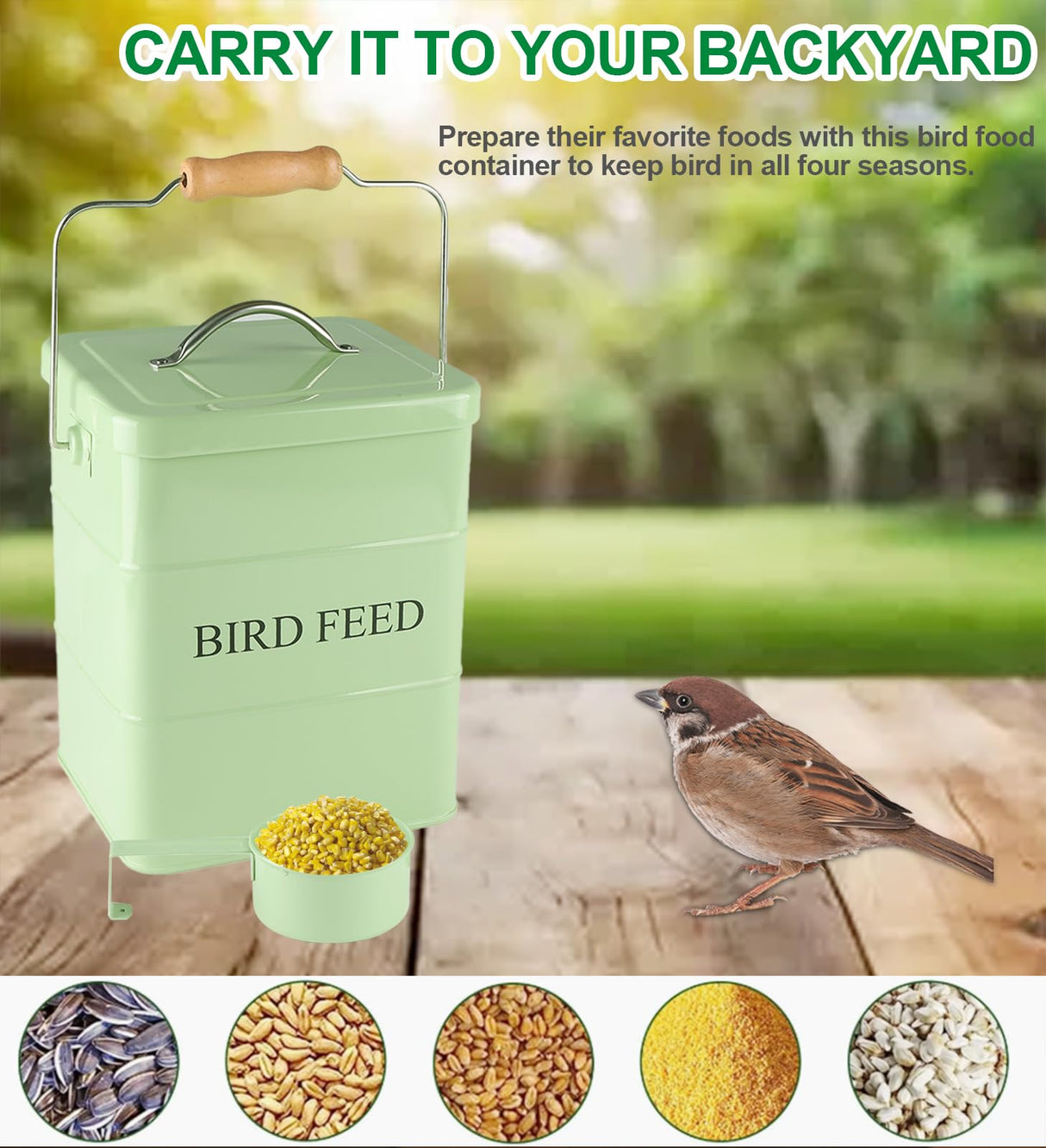 Brabtod Bird Seed Storage Container Airtight,5~6LB Metal Bird Food Container with Scoop,Wild Bird Seed Tin for Storing Sunflower Seed-Ideal for Outdoor or Indoor-Squirrel proof -Green