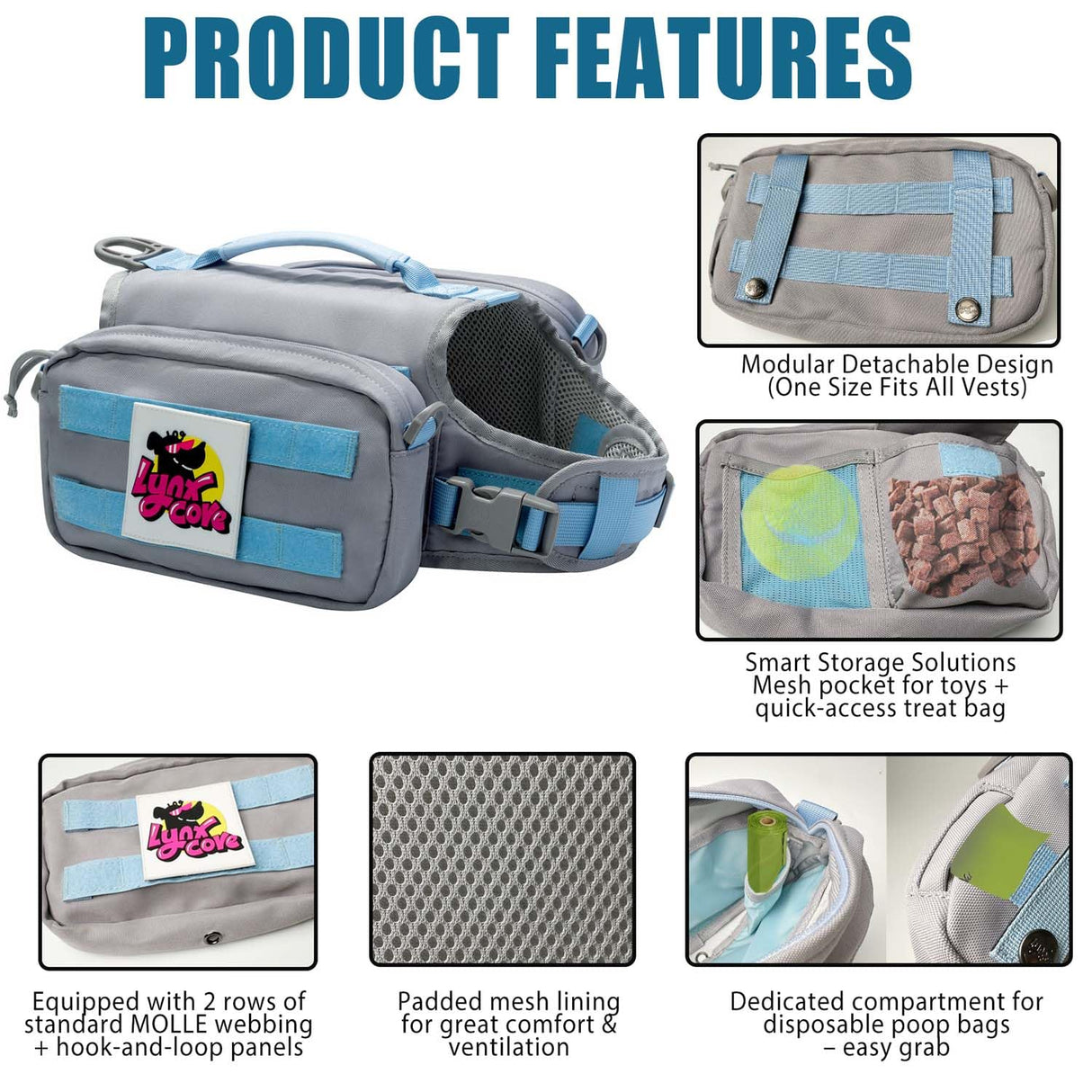 Lynxcore Dog Backpack for Small Medium Large Dogs,Adjustable Dog Backpack Harness with 2 Side Pockets,Vest Dog Pack for Travel,Hiking, Camping