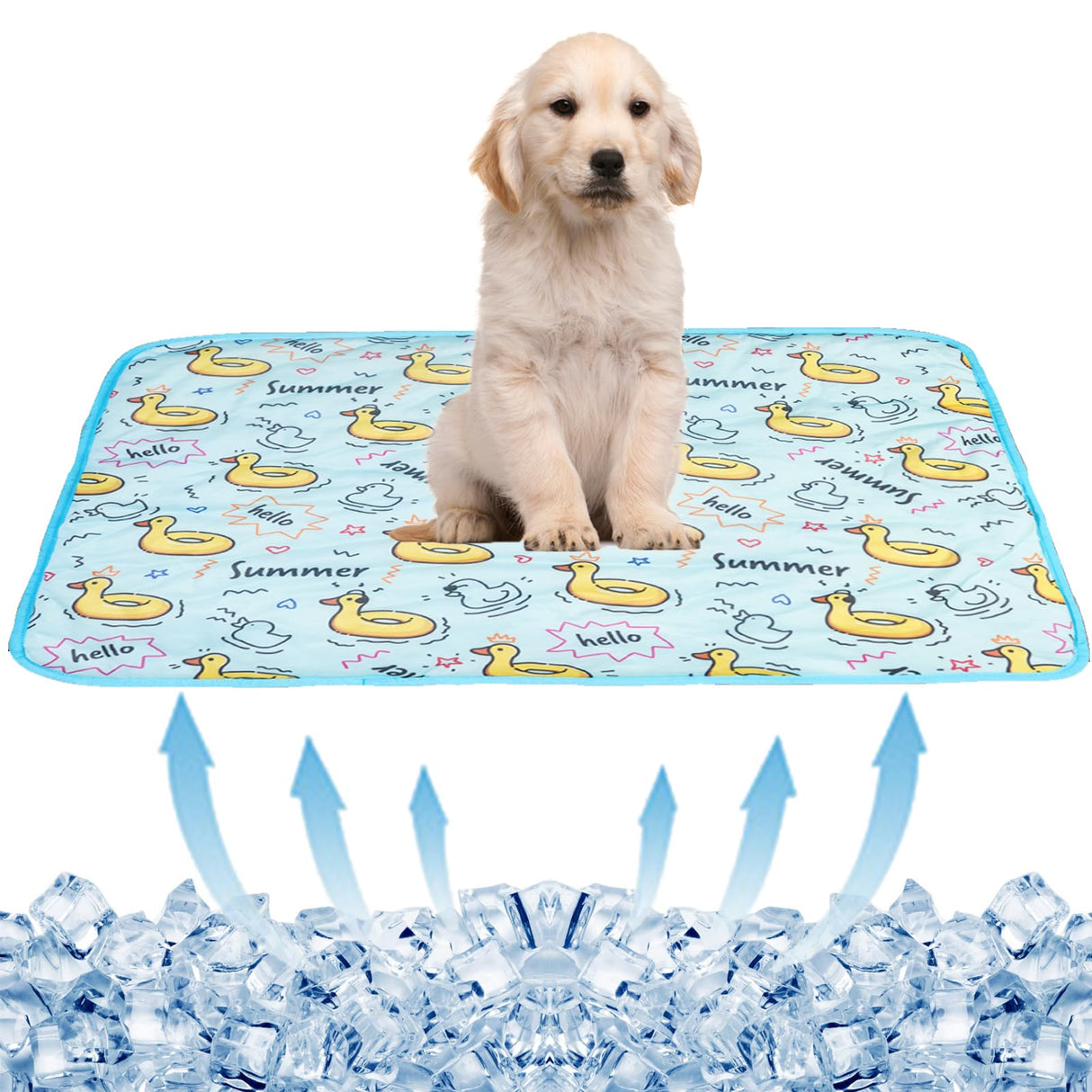 BAMY Cat Cooling Mat Summer Dog Silk Pad Self Cooling Cushion Washable Kitten Ice Blanket with Duck Strawberry Pattern (Blue Duck, M (27.6"x19.7"))