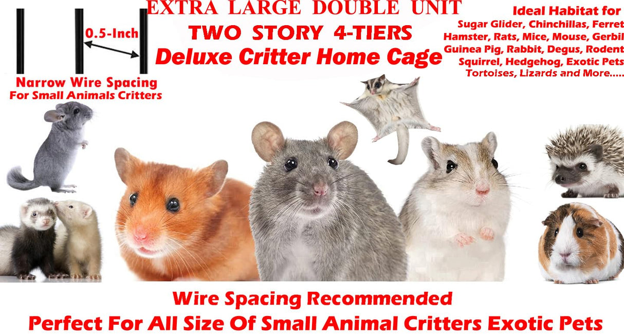 X-Large 31"x18.5"x53.5"H Deluxe Double Unit 4-Tiers Tight 1/2-Inch Bar Spacing Large Front Doors Water Bottle Food Bowl Feisty Ferret Hammock Squirrel Chinchilla Rat Small Animal Critter Rolling Cage