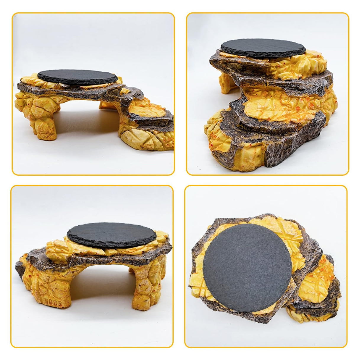 JWIZYOTR Bearded Dragon Basking Platform, Turtle Basking Platform Decorative Reptile Hideout with Rock Slate Plate in Terrarium for Lizard, Leopard, Crested Gecko(Large-Yellow)