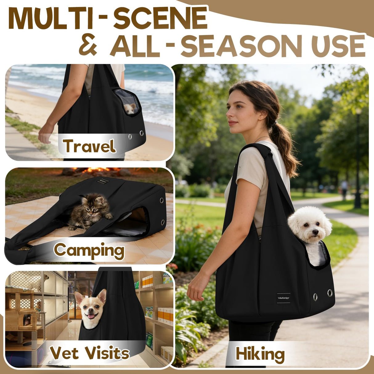 VeluXanipyr Dog Purse Carrier, Small Dog Cat Puppy Outdoor Portable Bag, Foldable Breathable 3‑Speed Zipper Access Pet Travel Bag with Large-Capacity Pockets, 15 lbs Capacity,Black