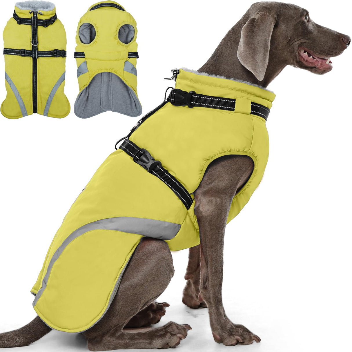 QBLEEV Large Dog Coat, Big Dog Winter Jacket for Large Dogs, XXX-Large Waterproof Cold Weather Snow Vest with Zip & Reflective, Windproof Built-in Harness Warm Fleece Snowsuit Clothes, Green, XXXL