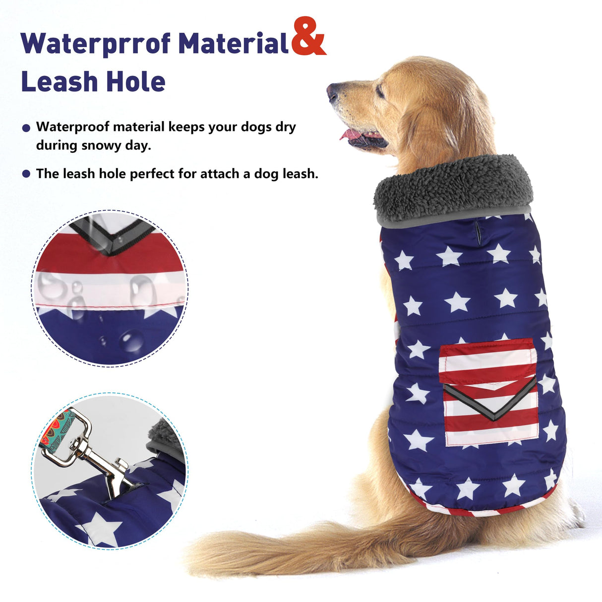Petglad Dog Coat, Waterproof Dog Winter Jacket with Pocket, Reflective Adjustable Pet Snow Vest, Warm Cozy Fleece Sweater for Small Medium Extra Large Dogs - American Flag, XS