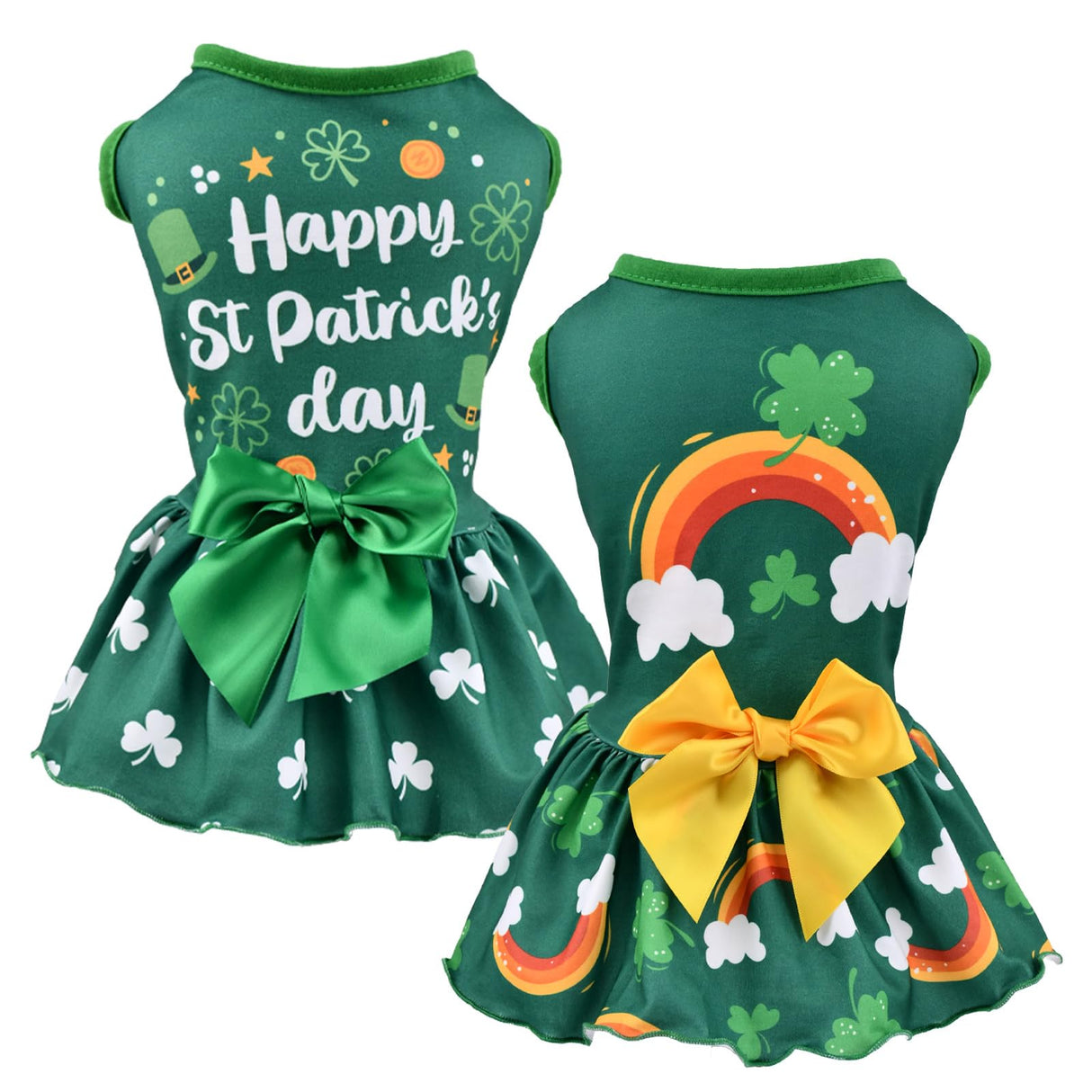Vehomy 2-Pack Saint Patricks Day Dog Cat Dress St Patricks Clover Rainbow Puppy Dresses with Bow Pet Bowknot Shamrock Skirt Outfit Costume for Puppies Cats Small & Medium Dogs XS